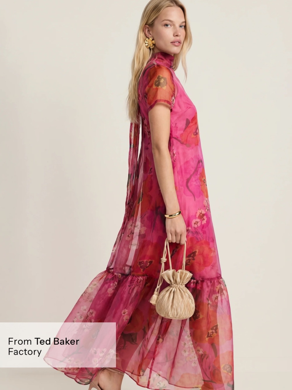 NWT CAARA Few Moda Melody Organza Maxi Dress in Pink Poppy. Size S